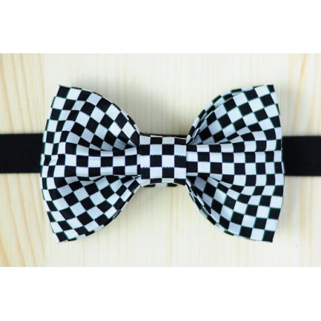 White - black with square patterns pre-tied bow tie with black strap