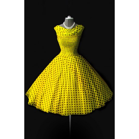 Retro dress, yellow with black dots, made of chiffon